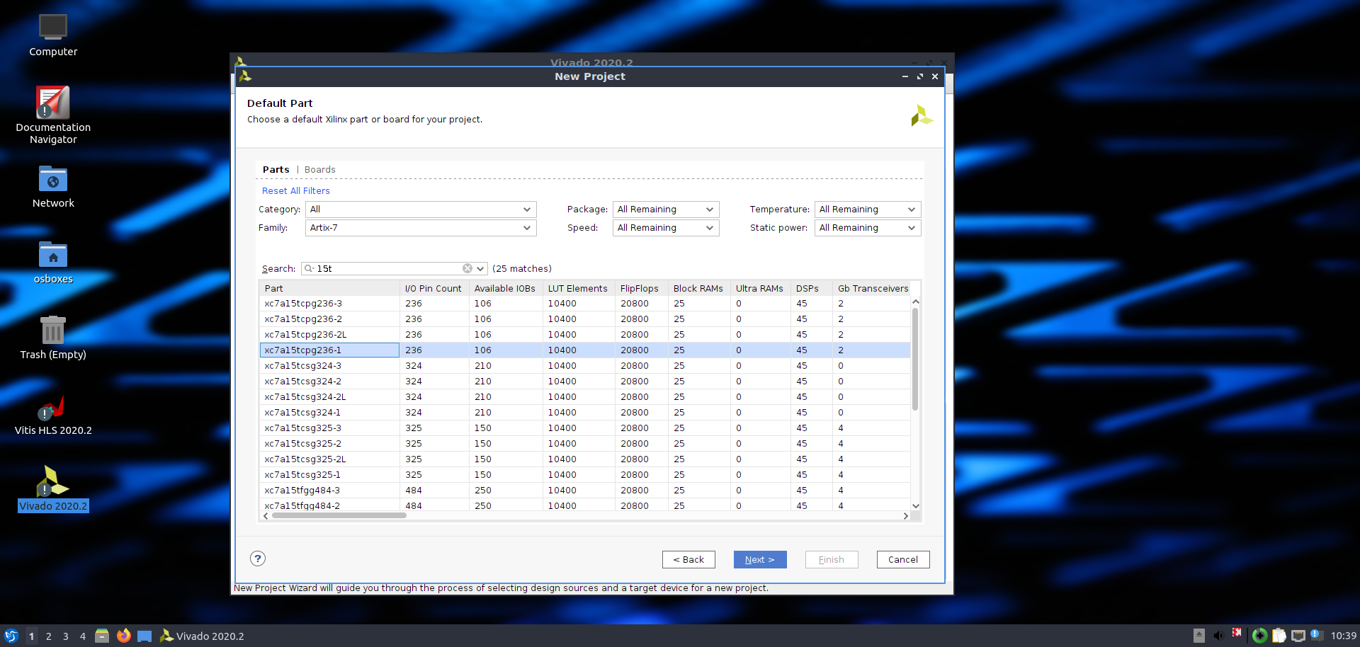 a screen shot of the Vivado part selection window for Artix A7 parts showing the FPGA part numbers